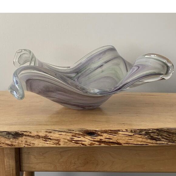 19” Murano Style Handblown Bowl Glass Ribbon Vase Wave Ribbed Purple Green Glass - Picture 1 of 16